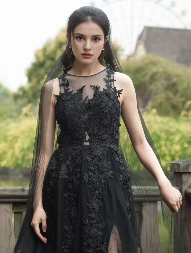 Black Wedding Dresses Lace A-Line Sleeveless Natural Waist Lace With Train Bridal Gown