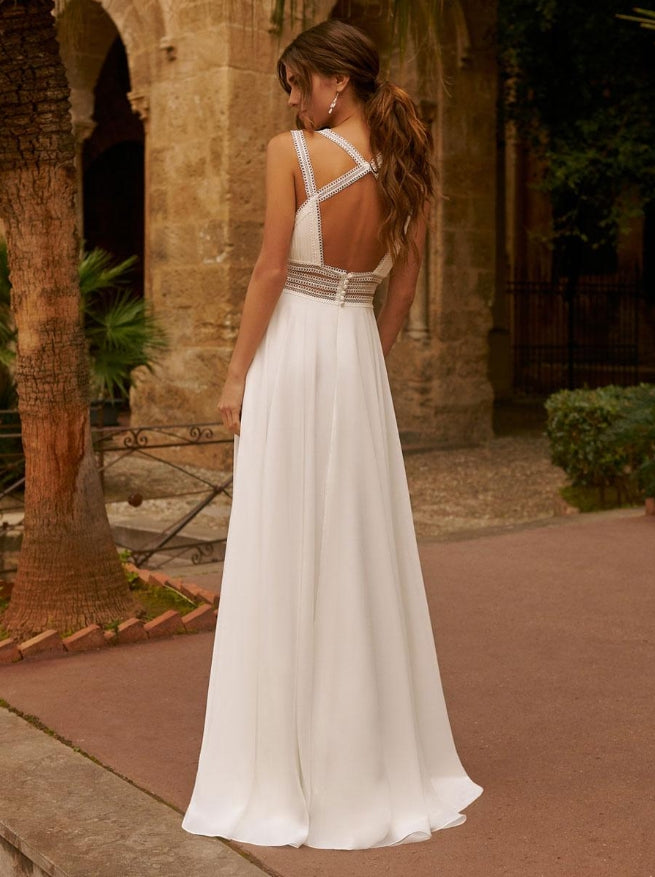 Ivory Boho Wedding Dress Chiffon Lace A-Line Sleeveless V-Neck Backless Bridal Dress With Train