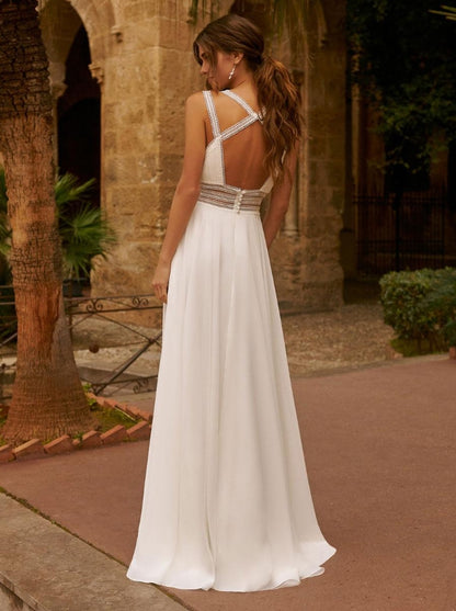 Ivory Boho Wedding Dress Chiffon Lace A-Line Sleeveless V-Neck Backless Bridal Dress With Train