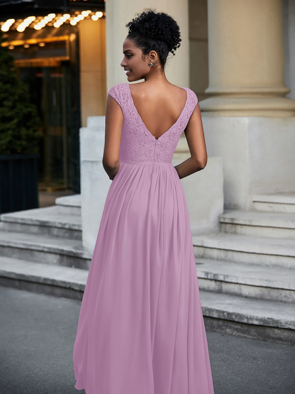 Lace and Chiffon Maxi Dress with Cap Sleeves Wisteria Chiffon Mother of the Bride Dresse
