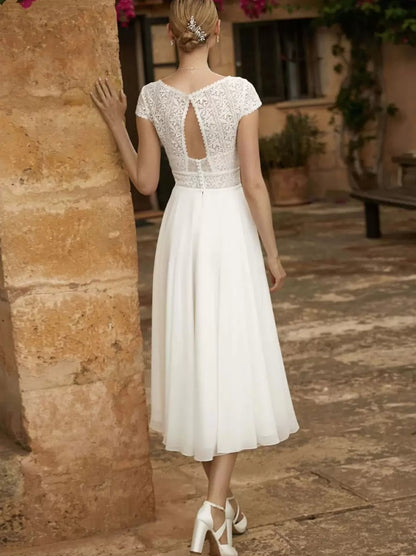 Wedding Dresses V-Neck Short Sleeves Lace A-Line Tea-Length Bridal Gowns
