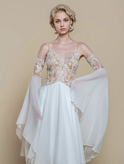 Lace A-Line With Train Natural Waist Spaghetti Straps Long Sleeves Boho Wedding Dress