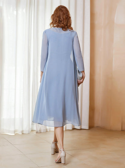 Two Piece Scoop Ruched Chiffon Dress with Jacket Dusty Blue Chiffon Mother of the Bride Dresse