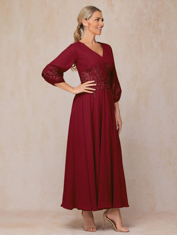 Long Sleeves Appliques Ankle Length Mother of the Bride Dresse Chiffon Wedding Guest Dresses