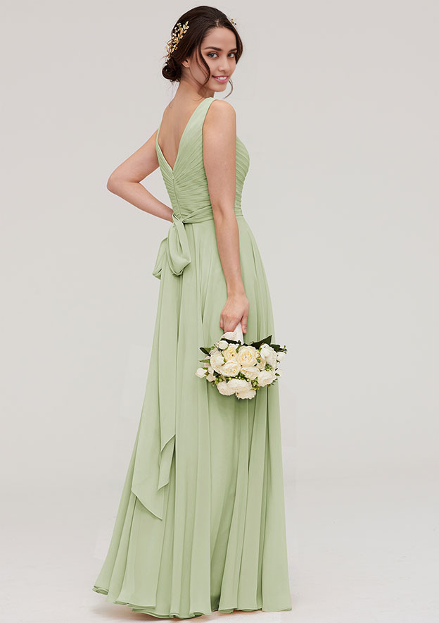 V Neck Sleeveless LongFloor-Length Chiffon Bridesmaid Dress With Sashes Pleated