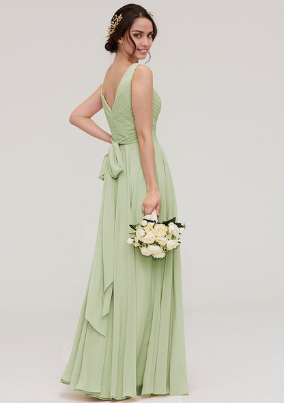 V Neck Sleeveless LongFloor-Length Chiffon Bridesmaid Dress With Sashes Pleated