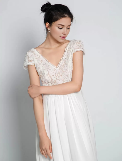 Boho Wedding Dress Chiffon Lace A-Line With Train Natural Waist Backless Short Sleeves V-Neck Ivory Bride Gown