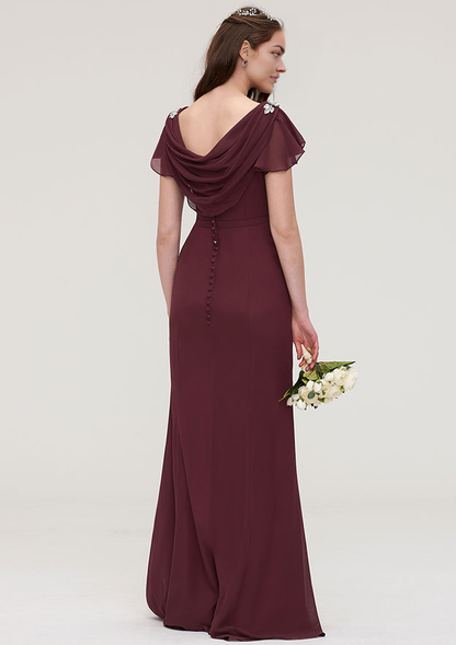 Chiffon Bridesmaid Dress Sheath/Column Bateau Short Sleeve Long/Floor-Length Wedding Guest Party Dresses