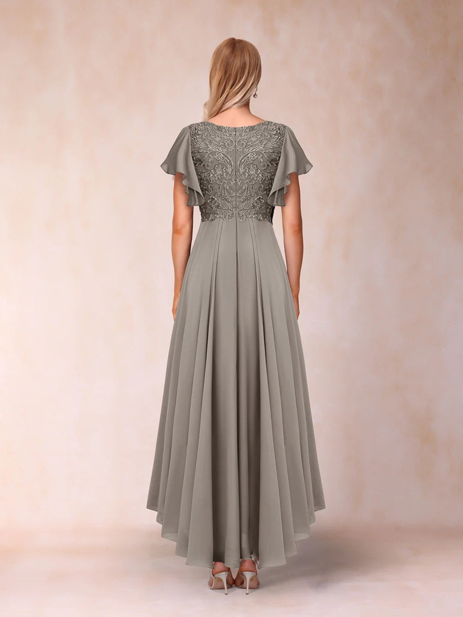 A-Line/Princess V-Neck Short Sleeves Long Evening Dresses Chiffon Mother of the Bride Dresse with Appliques