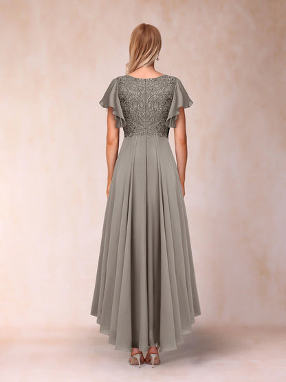 A-Line/Princess V-Neck Short Sleeves Long Evening Dresses Chiffon Mother of the Bride Dresse with Appliques