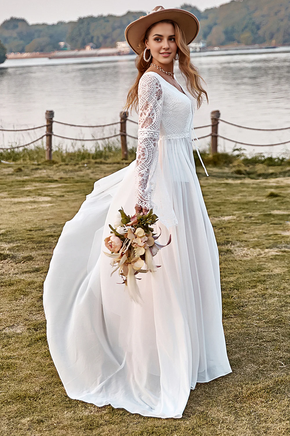 Ivory Lace Chiffon Trumpet Sleeve V-Neck Boho Wedding Dress With Slit