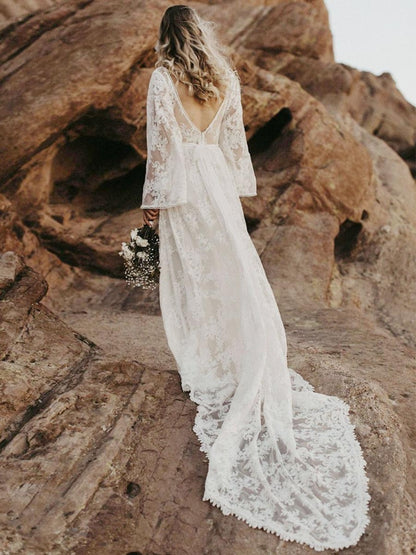 Ivory Boho Wedding Dress Lace Sash A-Line With Train Backless Long Sleeves V-Neck Bridal Gown