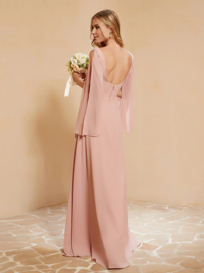 Square Neckline Ruched Chiffon Floor-length Bridesmaid Dress