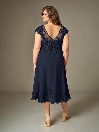 Plus Size Tea Length Chiffon Mother Of The Bride Dress With Lace Appliques