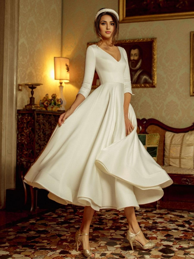 Tea-Length V-Neck Half Sleeves A-Line Satin Fabric Short Bridal Dress Short Wedding Dress