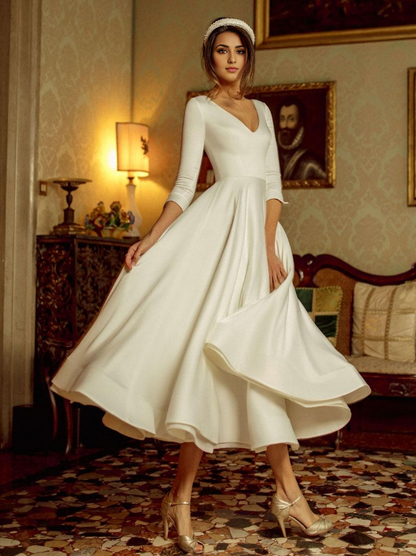 Tea-Length V-Neck Half Sleeves A-Line Satin Fabric Short Bridal Dress Short Wedding Dress