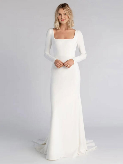 Mermaid Simple Wedding Dress Square Neck Long Sleeves Bridal Dresses With Sweep Train