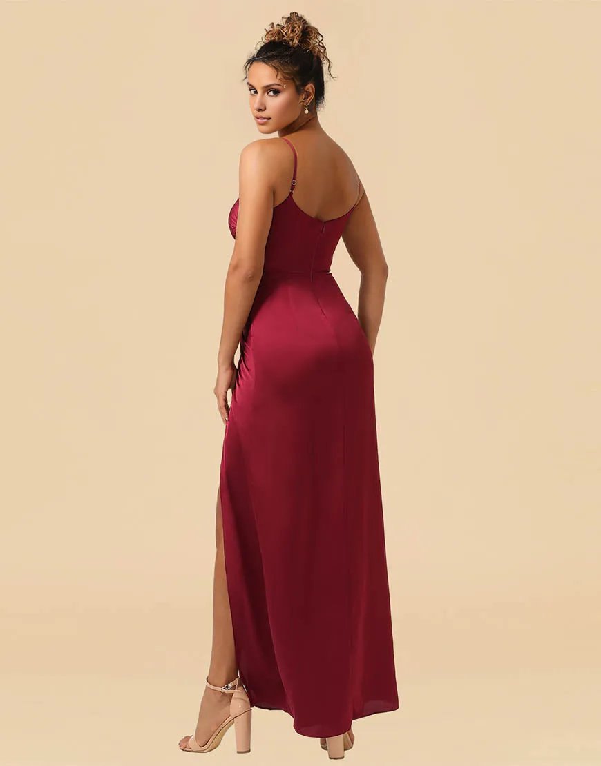 Burgundy Sheath Spaghetti Straps Long Satin Ruched Bridesmaid Dress With Split