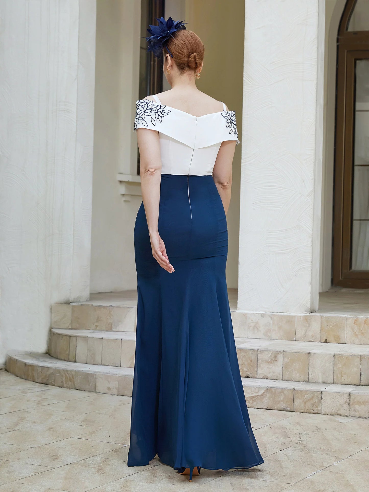 Spaghetti Straps Applique Two-Toned Dress Navy Blue Chiffon Mother of the Bride Dresse