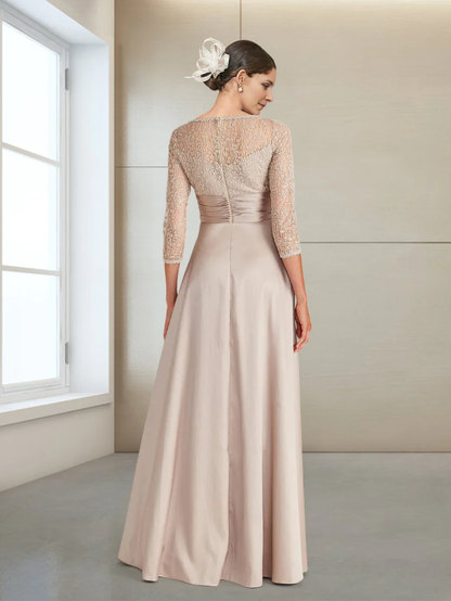 A-Line/Princess Scoop 3/4 Sleeves Floor-Length Evening Dresses Mother of the Bride Dresse with Appliques
