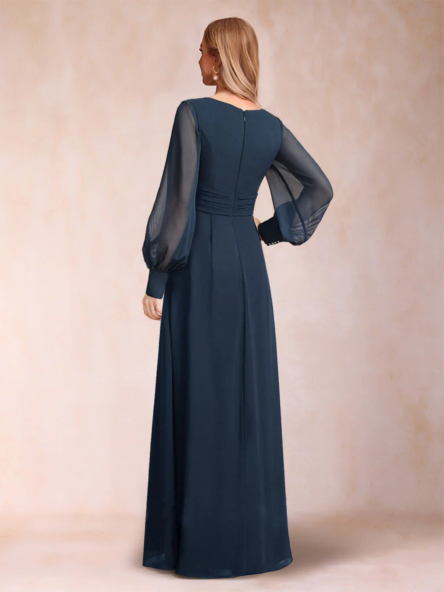 A-Line/Princess Long Sleeves V-Neck Chiffon Mother of the Bride Dresse