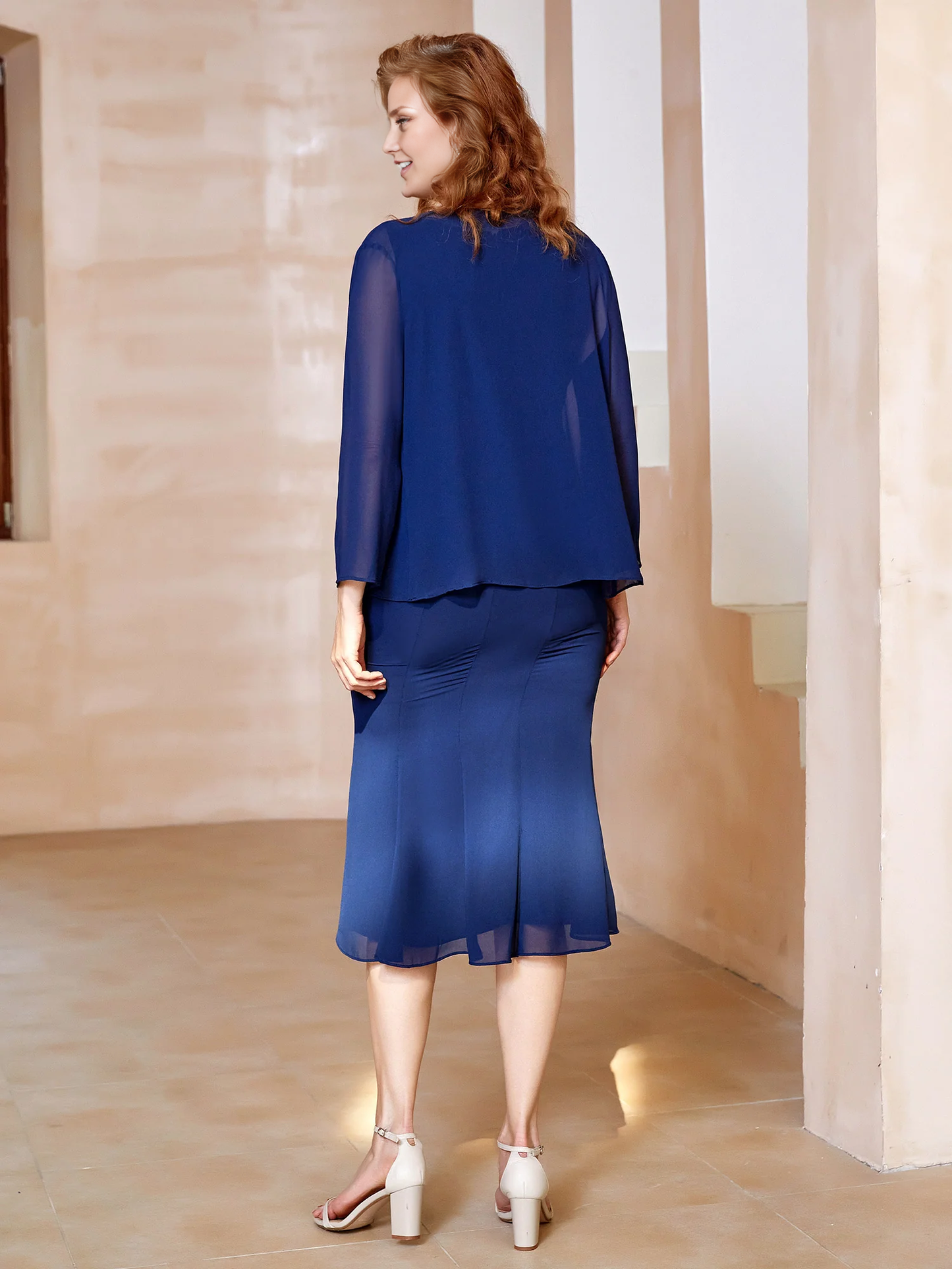 Two Piece Bateau Neck Chiffon Beaded Tea-length Mother of the Bride Dresse with Jacket Navy Blue
