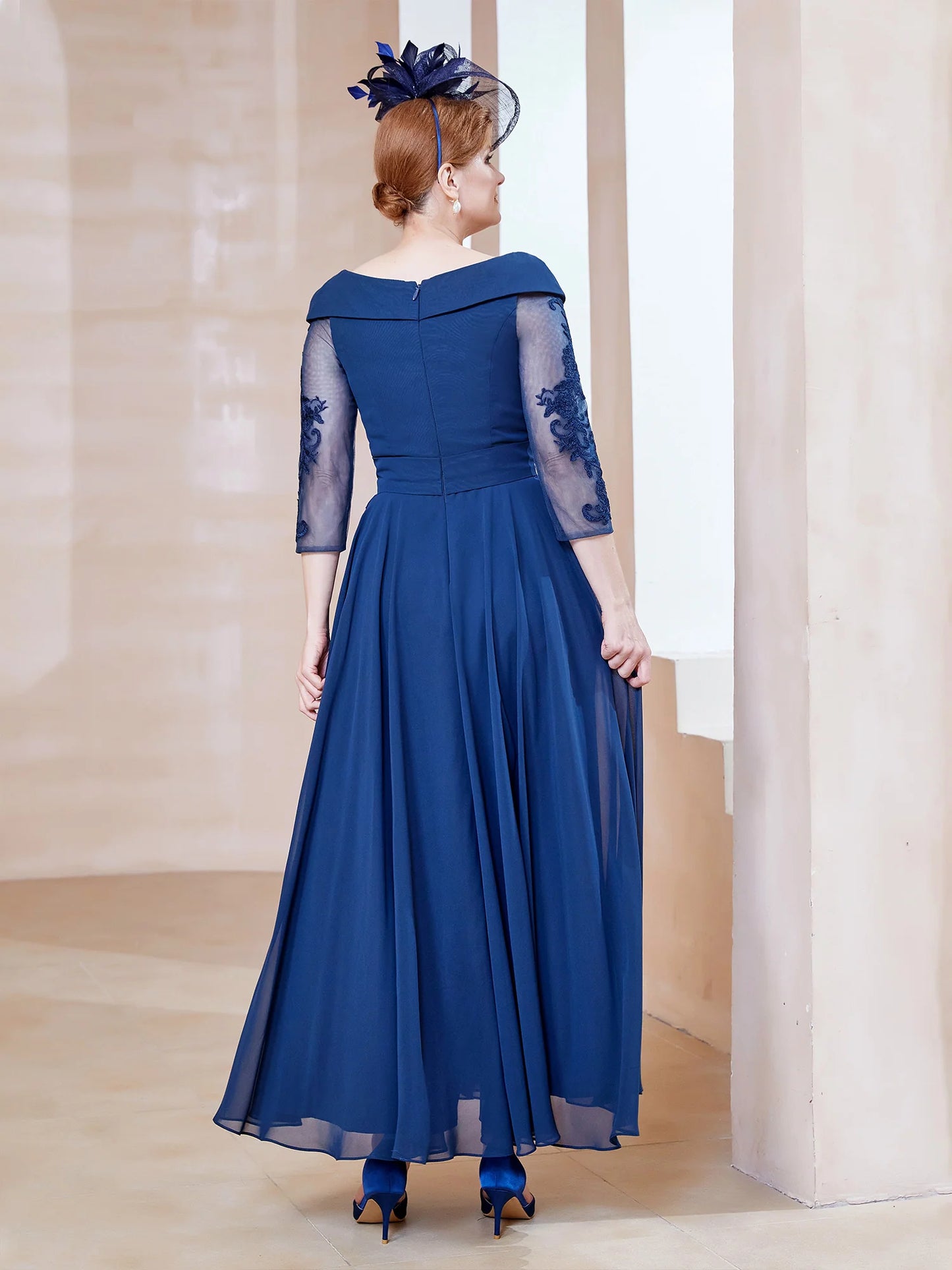 Cute A-Line Retro Tea Length Satin Cute Off Shoulder Mother of the Bride Dresse with Bows