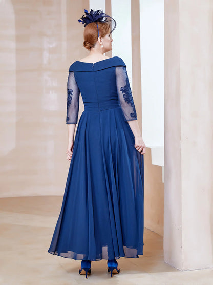 Cute A-Line Retro Tea Length Satin Cute Off Shoulder Mother of the Bride Dresse with Bows