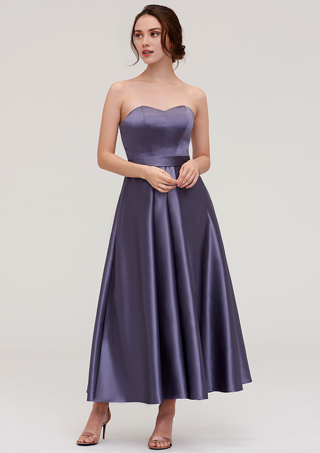 Satin Bridesmaid Dress A-line Sweetheart Sleeveless Ankle-Length With Pleated Cocktail Dresses