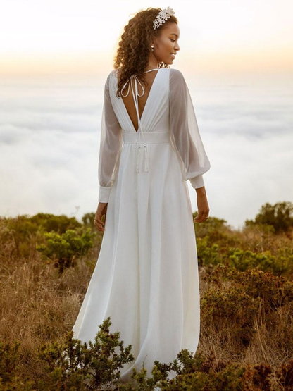 Simple Wedding Dress A-Line V-Neck Long Sleeves Split Front Bridal Gowns