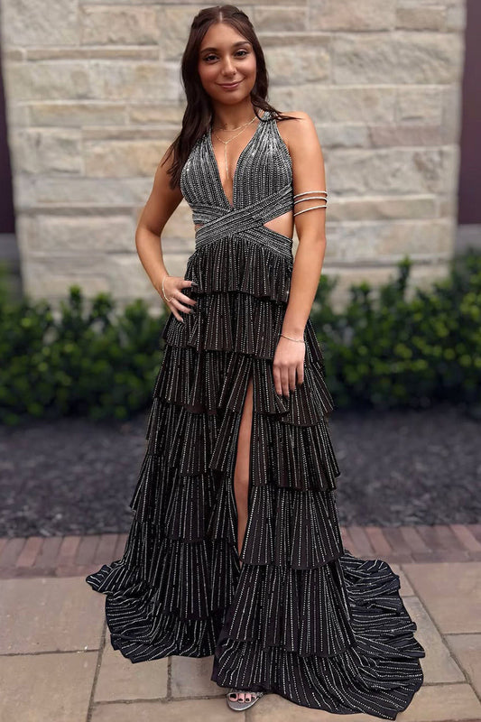 Cute A Line V Neck Black Satin Tiered Long Prom Dress with Hot Stone