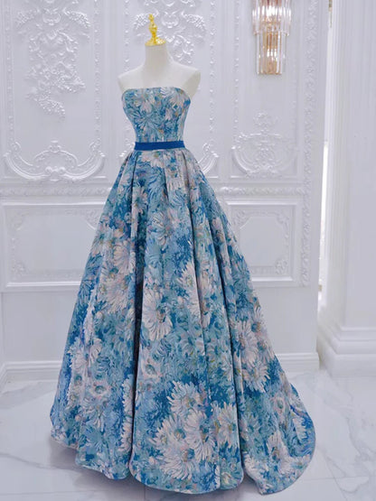 A-Line Flower Satin Blue Long Prom Dress Formal Dress
