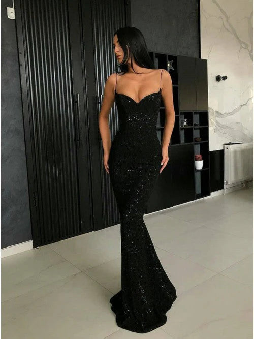 Mermaid Spaghetti Straps Sweetheart Black Sequined Prom Evening Dresses