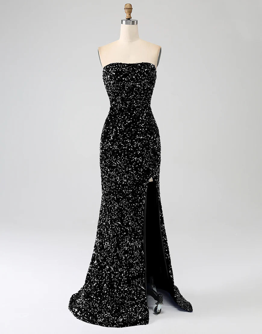 Mermaid Dark Green Sheath Strapless Tight Sequin Side Slit Prom Dress