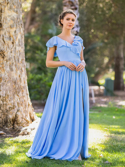 V-neck Asymmetric Top Chiffon Floor Length Bridesmaid Dress