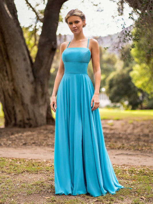 A-line Chiffon Floor Length Backless With Lace Up Back Prom Dress Bridesmaid Dress