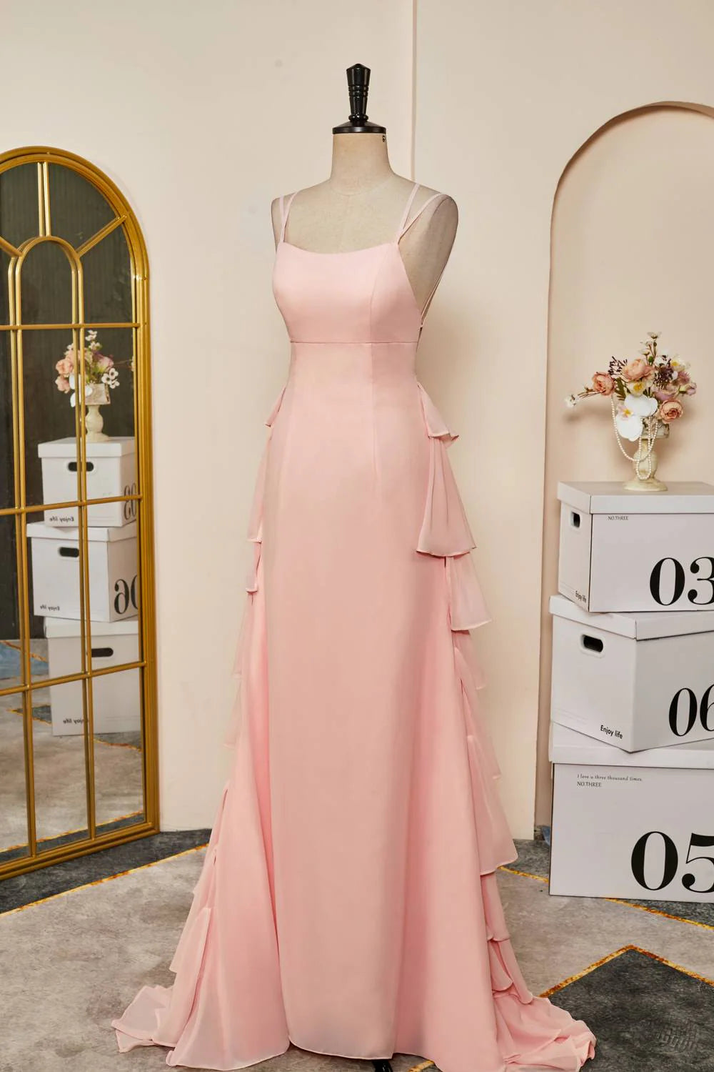 Straps Pink Ruffle Tiered Backless Chiffon Long Prom Dress