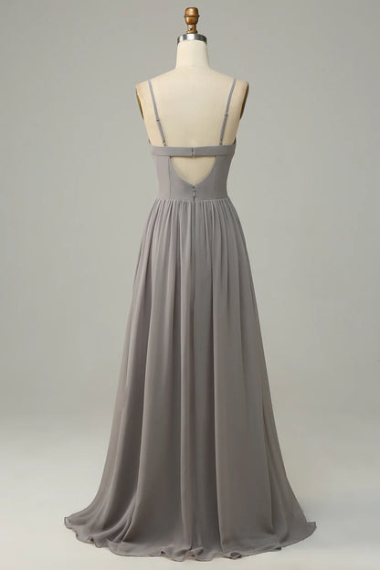 A Line Spaghetti Straps Long Bridesmaid Dress With Slit
