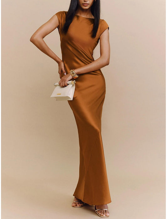 Elegant Dress Formal Prom Dress Floor Length Short Sleeve Boat Neck Satin Backless with Ruched