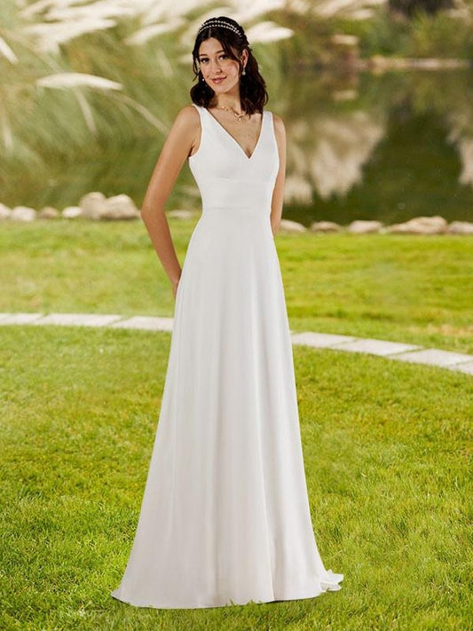 Ivory Simple Wedding Dress A-Line V-Neck Sleeveless Buttons Bridal Dresses