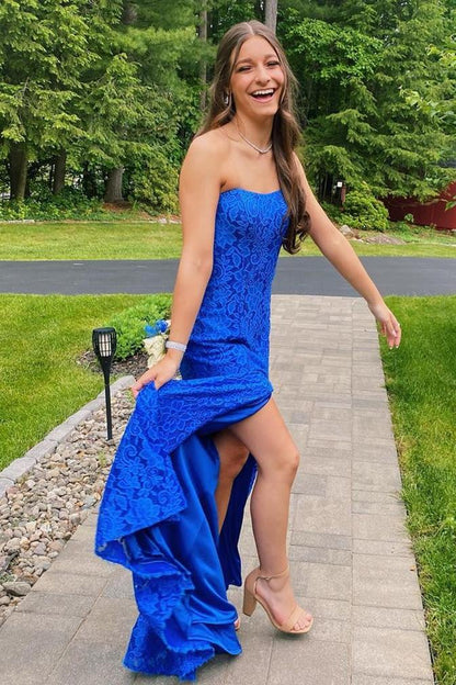 Mermaid Strapless Royal Blue Lace Floor-length Prom Dress with Slit