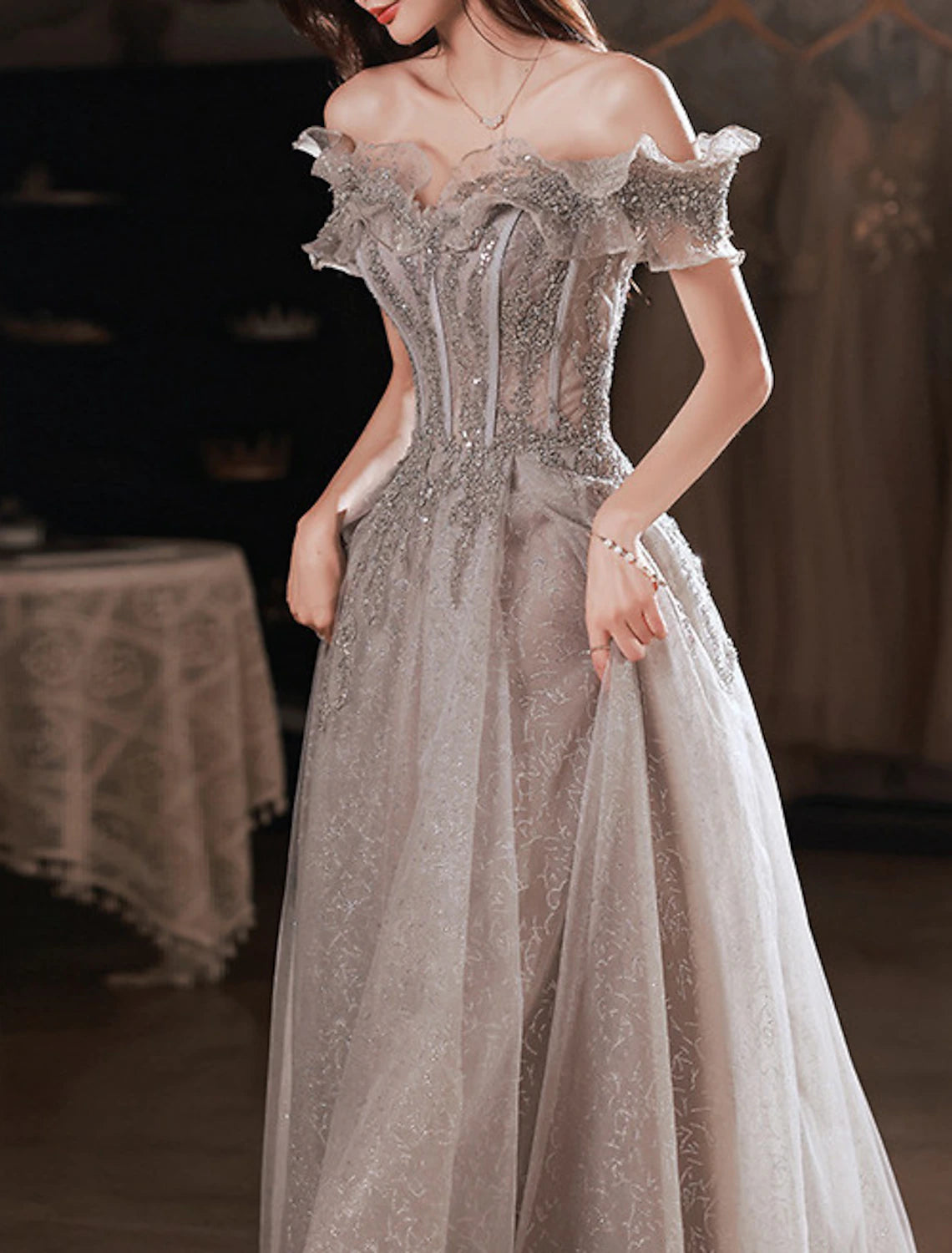 A-Line Prom Dresses Sparkle & Shine Floor Length Short Sleeve Off Shoulder Polyester with Sequin Ruffles
