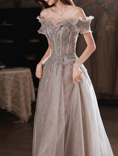 A-Line Prom Dresses Sparkle & Shine Floor Length Short Sleeve Off Shoulder Polyester with Sequin Ruffles