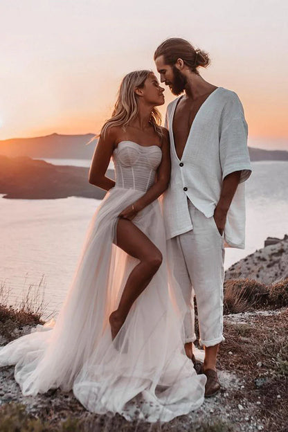 A-Line Sweetheart Ivory Tulle Beach Wedding Dresses with Slit