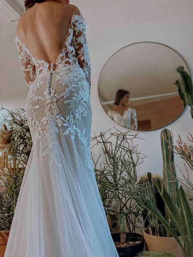 Mermaid Wedding Dress Illusion Neckline Long Sleeves Backless Lace With Train