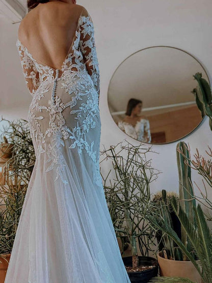 Mermaid Wedding Dress Illusion Neckline Long Sleeves Backless Lace With Train