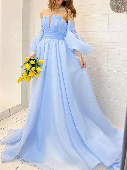 Organza Blue Long Prom Dress Puff Sleeves Blue Long Formal Party Dress