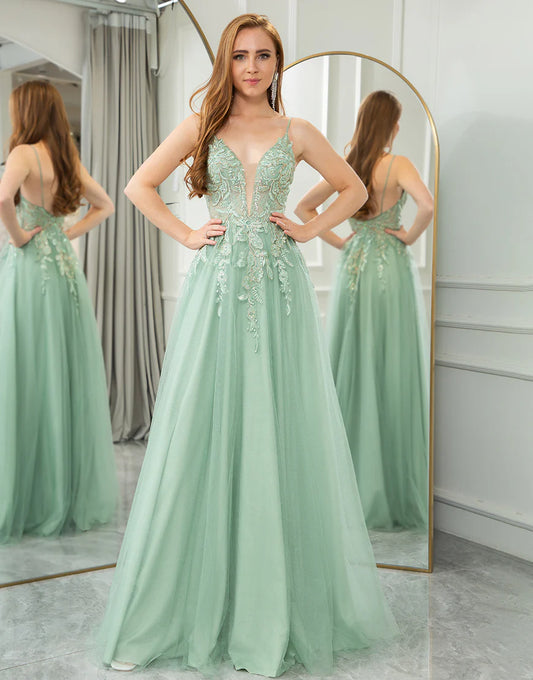 Green A Line Princess Tulle Long Prom Dress With Appliques