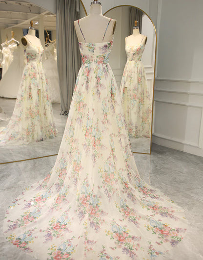 A-Line Spaghetti Straps Long Prom Dress Floral Print With Split