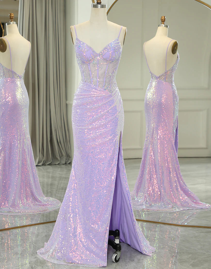 Sparkly Purple Mermaid Corset Backless Prom Dress With Slit